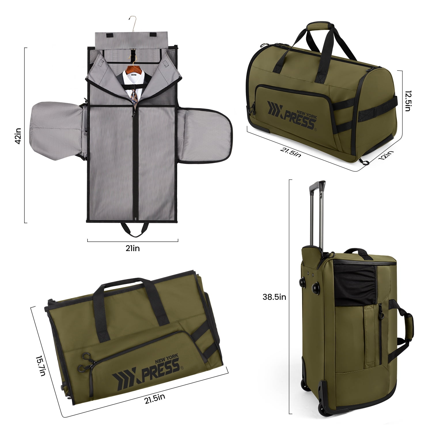 New York Xpress Convertible Rolling Garment Bag for Travel, with Wheels & Shoe Pouch, for Weekend & Business, Green, RG161