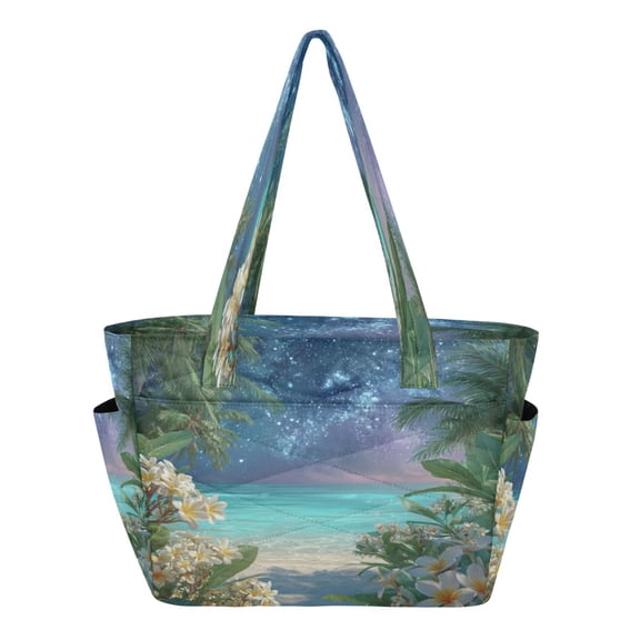 Quilted Tote Bag Large Capacity Multi-Compartment Handbag Lightweight Structured Shoulder Bag Versatile Casual Bag Beautiful Beach Paradise