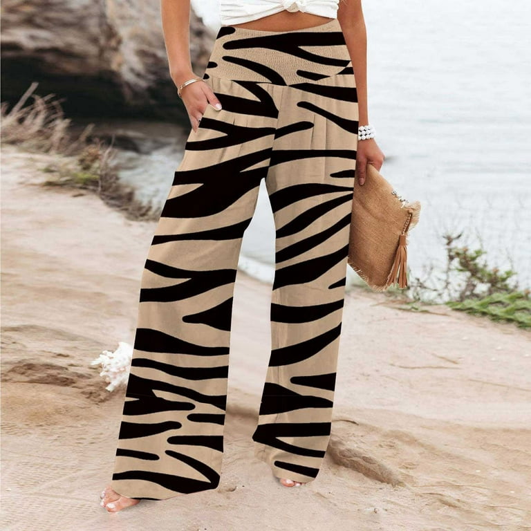 fartey Women's Wide Leg Pants Elastic High Waist Zebra Print Relaxed  Trousers Lounge Pleated Pockets Beach Vacation Athletic Pants