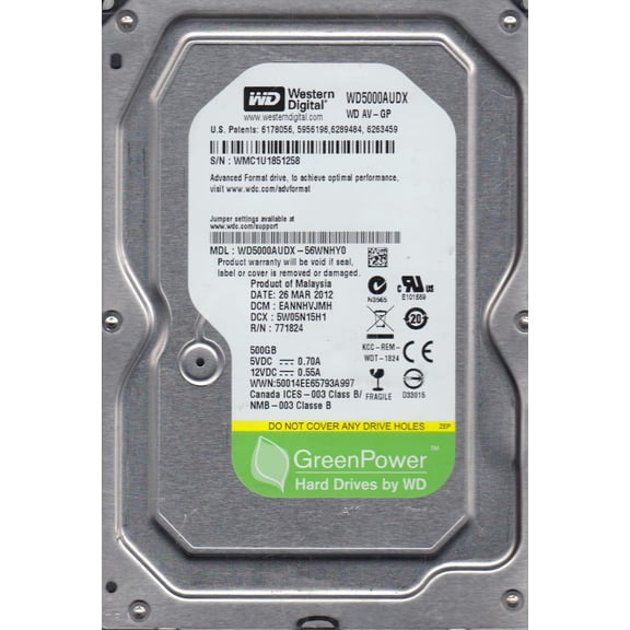 WD5000AUDX-56WNHY0, DCM EANNHVJMH, Western Digital 500GB SATA 3.5 Hard Drive