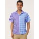thumbnail image 2 of Lars Amadeus Camisa de cuadros a rayas estampada con botones y manga corta en color en contraste para hombre Morado negro M, 2 of 6