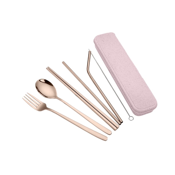 Juego de cubiertos de acero inoxidable, utensilios portátiles con cuchillo, tenedor, cuchara, palillos, pajitas y cepillo, juego de 7 piezas para acampar y viajar, guardado en estuche de transporte.