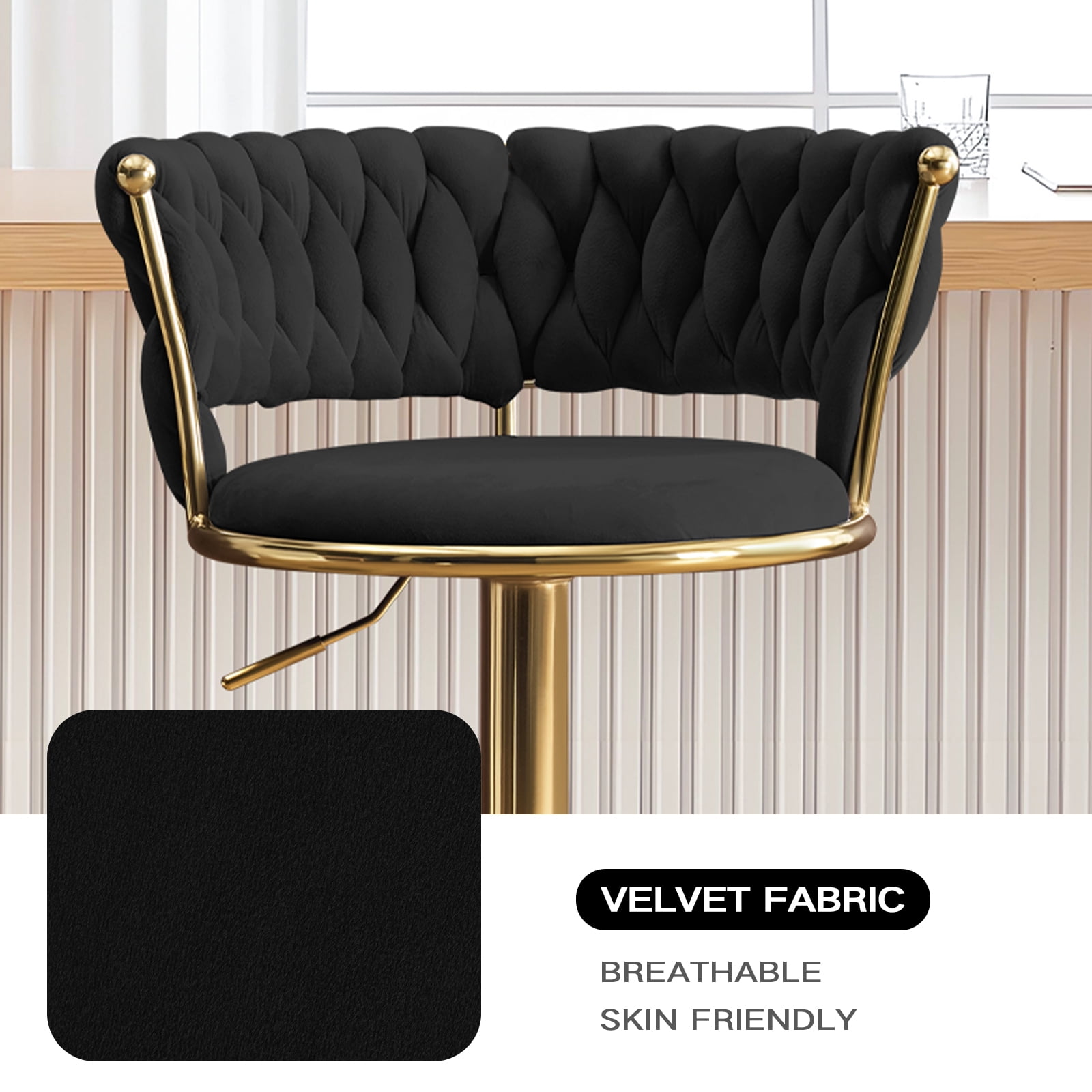 Velvet Swivel Bar Stools Set of 6, Adjustable Height Barstools with Woven Back and Footrest for Kitchen Island, Dining Room, Black