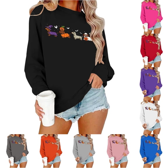 SONXAHE Halloween Dachshund Dog Print Sweatshirt For Women Crew Neck Long Sleeve Pullover Tops