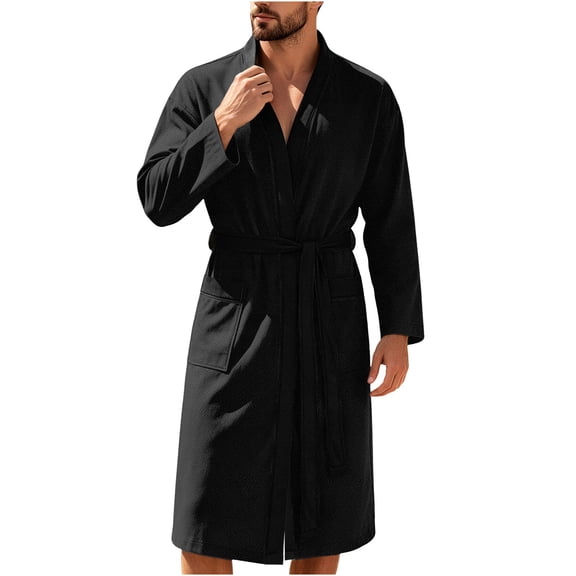 successthop Bathrobes for Men Long Sleeves Bathrobe Knee Homewear Belted Sleepwear Jacquard After Bath Fall Loungewear
