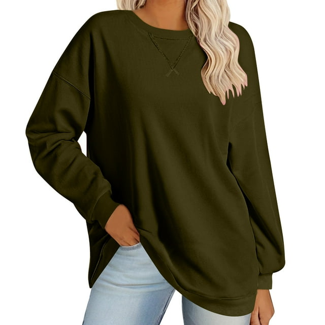 lcziwo Chandails Molletonnés Surdimensionnés pour Femmes, Couleur Unie, Col Rond, Chandail à Enfiler Décontracté et Confortable, Manches Longues, Chandails d'Automne Légers et Tendance, Chandail Molletonné, Hauts Y2k, Aubaines du Jour d'Aujourd'hui, Vert Armée, P