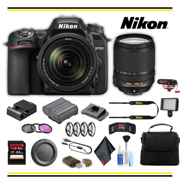 Cámara réflex digital Nikon D7500 con lente de 18-140 mm Paquete avanzado con bolsa, baterÃa adicional, luz LED, micrófono, filtros y más - (modelo internacional) Nikon 1582