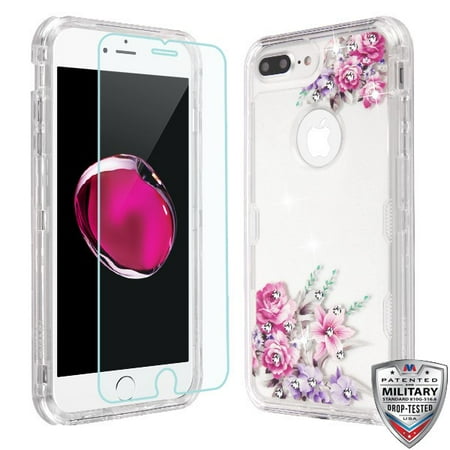 Rubber Protector Case Apple iPhone 8 Plus, 7 Plus, 6 /6S Plus Phone Case Hybrid Armor Bling Diamond Impact Rubber Protective Case Cover + Tempered Glass Screen Protector Rose Flower Case for Apple iPhone 8 /7/6/6S PLUS ()