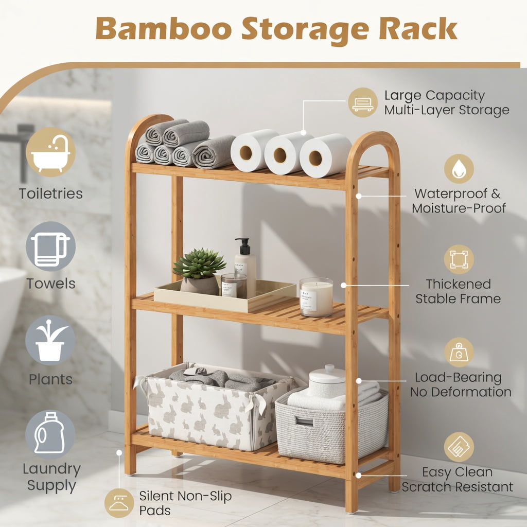 Hommoo 3-Tier Bamboo Over-the-Toilet Storage Organizer, Adjustable 5-Position Shelves, 3 Hooks, Wood Floor Standing Bathroom Shelf with Anti-Tip Kits & Leveling Feet, Natural