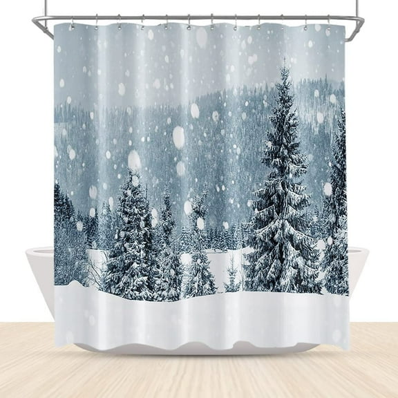 Winter Snow Shower Curtains White Snowflake Covered Pine Forest Scenery Bathroom Curtain Christmas Bathroom Decor Polyester Fabric Waterproof 72x72 Inch