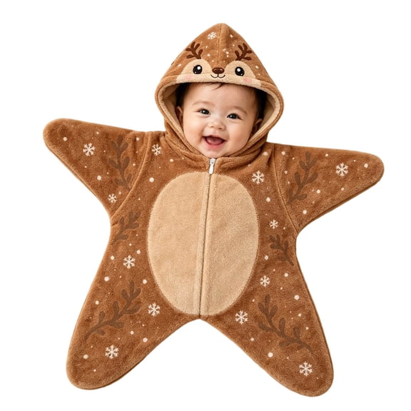 CONFREE Christmas Baby Flannel Hooded Starfish Onesie Zipper Cute Xmas Deer Graphic Warm Winter Jumpsuit