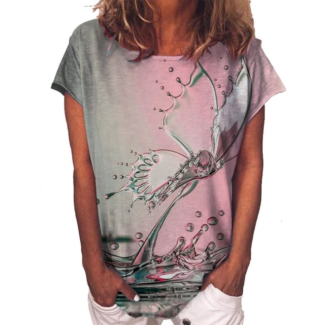 Hauts pour Femmes Col Rond Imprimé Tournesol Papillon Manches Courtes T-Shirt d'Été pour Femmes