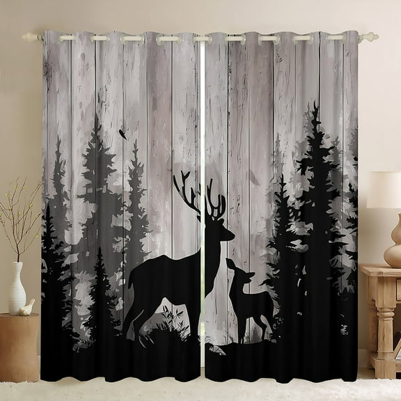 Manfei Rustic Farmhouse Cabin Blackout Curtains Set of 2 (52x84 Each), Jungle Deer Animal Window Curtains, Grey Wooden Plank Curtains and Drapes, Black Out Curtains Home Decor