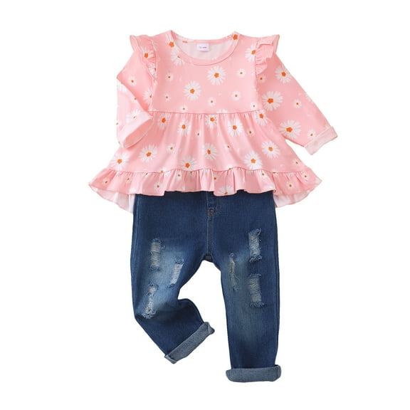 6 Months Baby Girls Clothes 12 Months Girls Fall Winter Pant Set Infant Girls Long Sleeve Round Neckline Floral Top Jeans Pants 2PCS Outfits Set Pink