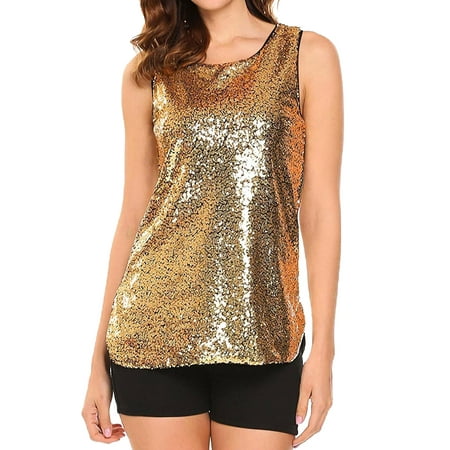 - STARVNC Women Sleeveless Round Neck Sparkle Sequin Embellished Tank Top Vest Top