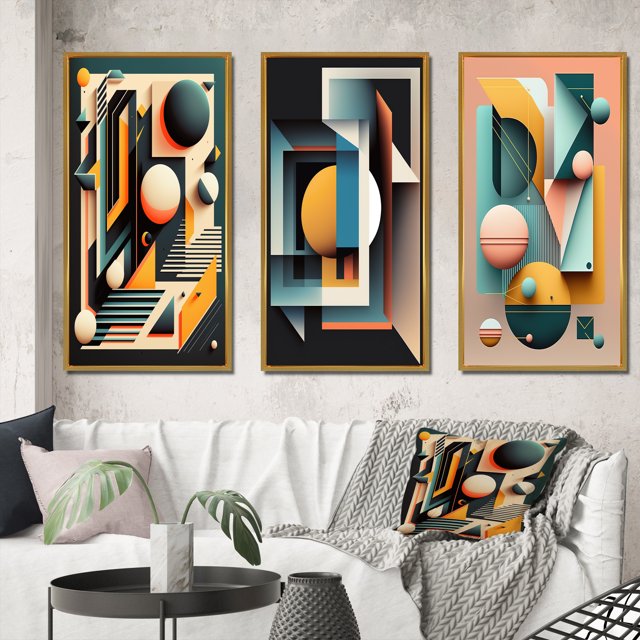 Designart "Geometric Nostalgia Retro Elementary Style I" Modern Geometric Framed Wall Art Set Of 3 - Blue Abstract Geometric Frame Gallery Set For Office Decor