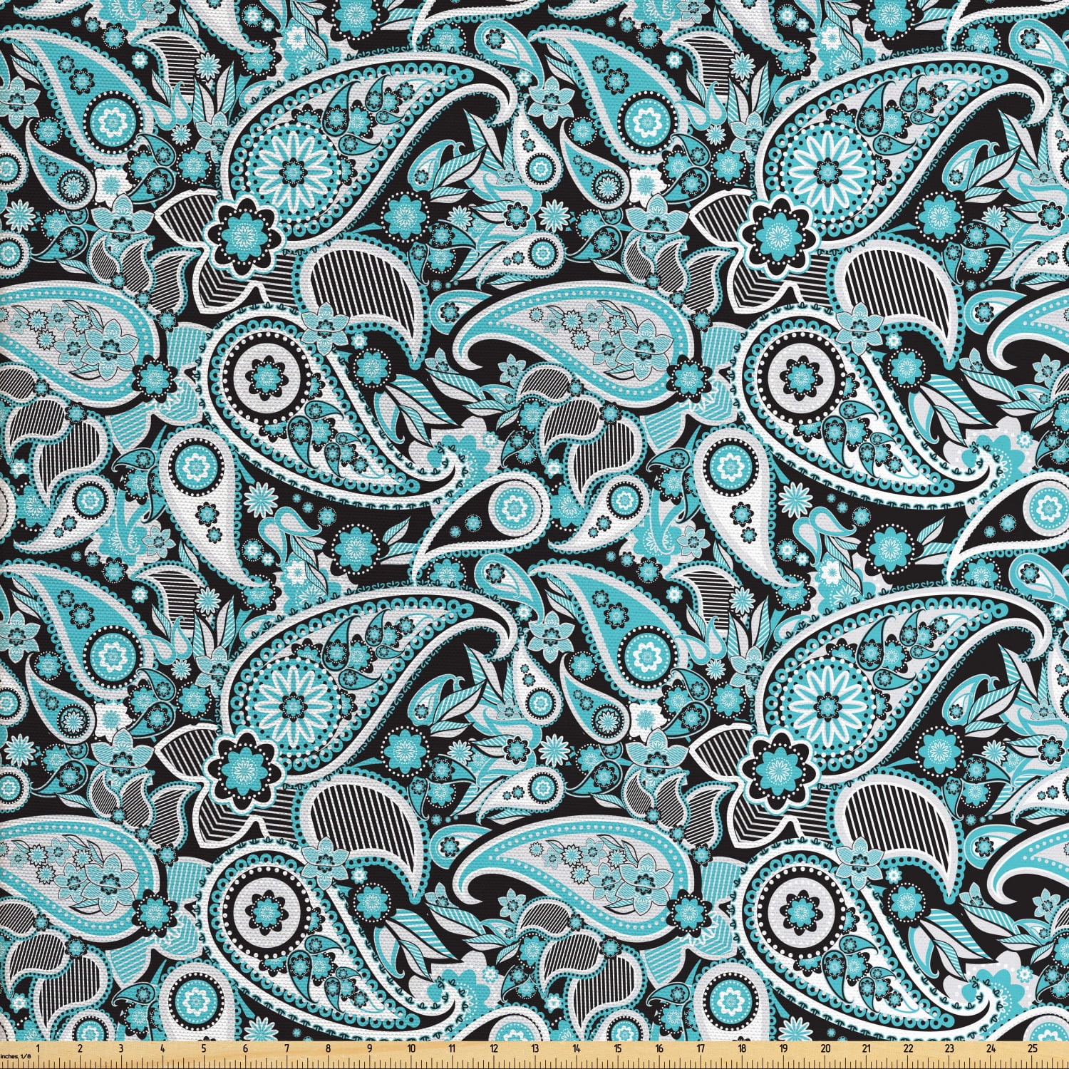 Blue Paisley Fabric by The Yard, Flower Elements with Traditional Buta