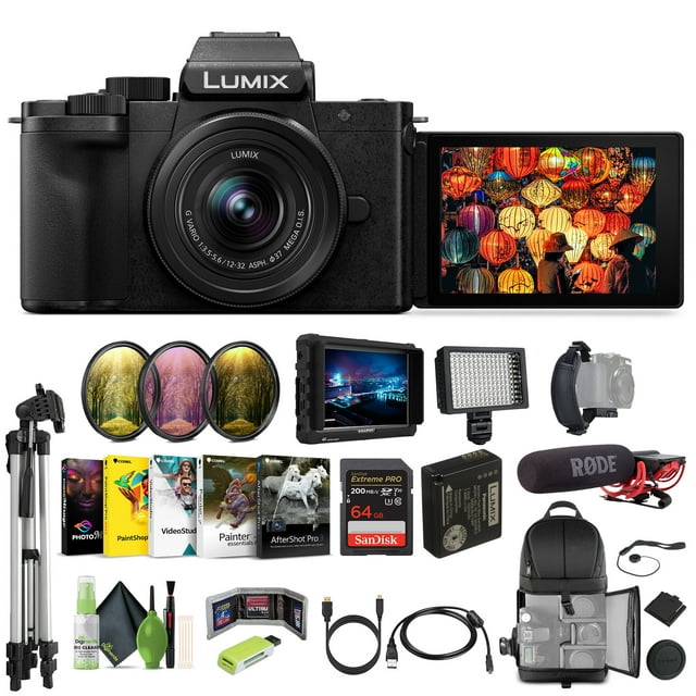 Panasonic Lumix G100D Appareil Photo Sans Miroir 4K pour Vlog avec Objectif 12-32 mm, Ensemble Vlog Micro Quatre Tiers 20,3 Mpx avec Moniteur Lilliput 7 Pouces + Trépied + Trousse de Nettoyage + Microphone Vidéo RODE + Accessoires