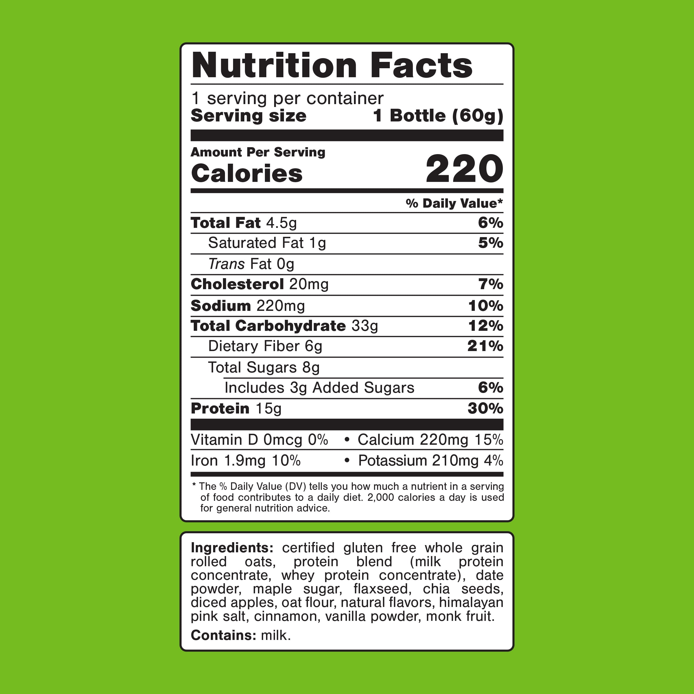 Oats Overnight Apple Cinnamon Protein Overnight Oatmeal Shake, 2.1 oz, 1 Count