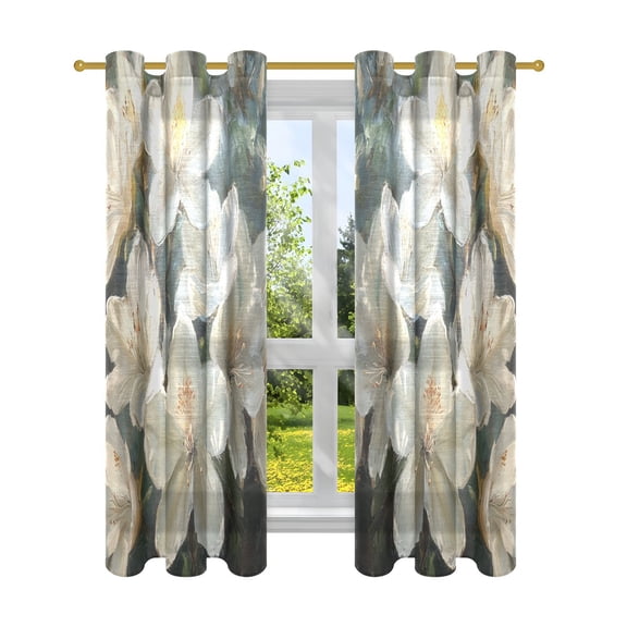 Window Curtain Panels Cotton Linen Decorative Curtains - SymmetricalWhite Flowers BloomingWindow Shade Backdrops for Home Office Sunroom Country House