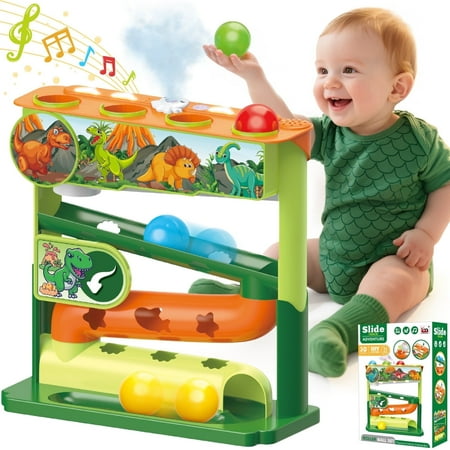 UQN Ball Drop Toys for 1 Year Old, Stacking Toys Drop Ball Tower for Toddlers 1-3, Baby Dinosaur Toy with Light Music Spraying, Montessori Baby/ Toddler Toy, Gifts for Girl Boy Age 6-18 Months Old