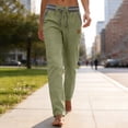 thumbnail image 6 of Women's Soft Linen Cotton Blend Straight Leg Pants, Mid Elastic Waist Pockets, Casual Business Summer Work Wear, Long Womens Trousers Capris | UKHCCC,Army Green L, 6 of 8