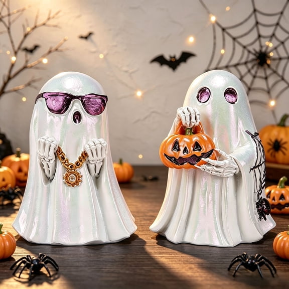 Halloween Ghost Decorations 2 Pack Resin Spooky Ghost Figurines, Cute Skeleton Hand Tabletop Shelf Mantel Home Decor