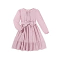 thumbnail image 3 of Usaibhir Girls Long Sleeve Dresses Kids A Line Pleated Wrap Belt Crew Neck Flowy Holiday Midi Dress 5-14T, 3 of 11