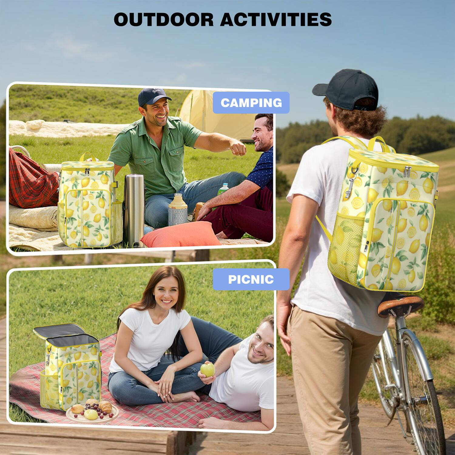 Travel Cooler Bag - Lemon Camping Beer Cooler Backpack with Bottle Opener- Waterproof Insulated Picnic Backpacks - Cooler Bag for Beach