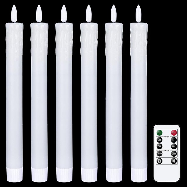 Velas cónicas sin llama con cera de goteo, velas parpadeantes, cera real, paquete de 6, decoración navideña para el hogar y la boda (blanco, 17,5 cm)