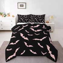 Manfei Pink Gothic Bat Queen Comforter Set for Teens, Cartoon Spooky Halloween Bedding Sets, Horror Animal Reversible Bedding Comforter Set, Luxury Bedroom Decor, 3 Pieces