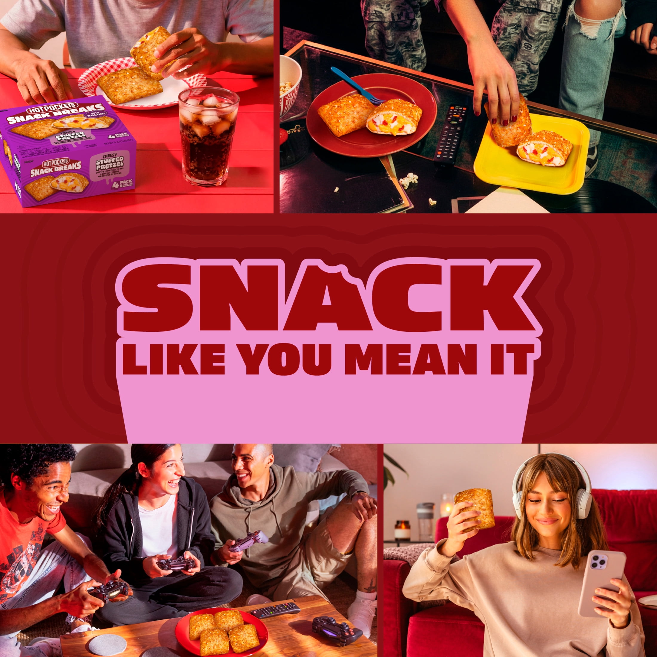Hot Pockets Snack Breaks Cheesy Stuffed Pretzel Crust, Bacon & Cheese Snacks, 4 pack, 1 lb Box (Frozen)