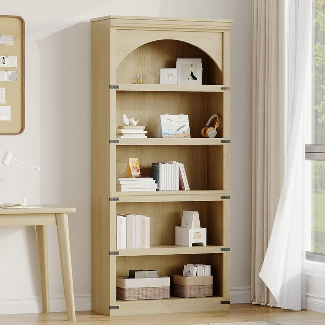 Arched Bookcase 68.7" Tall 5 Shelf Farmhouse Bookshelf, Curved Wooden Display Storage Rack with Metal Corner Protectors, Freestanding Book Shelf for Home Office, Living Room, Bedroom