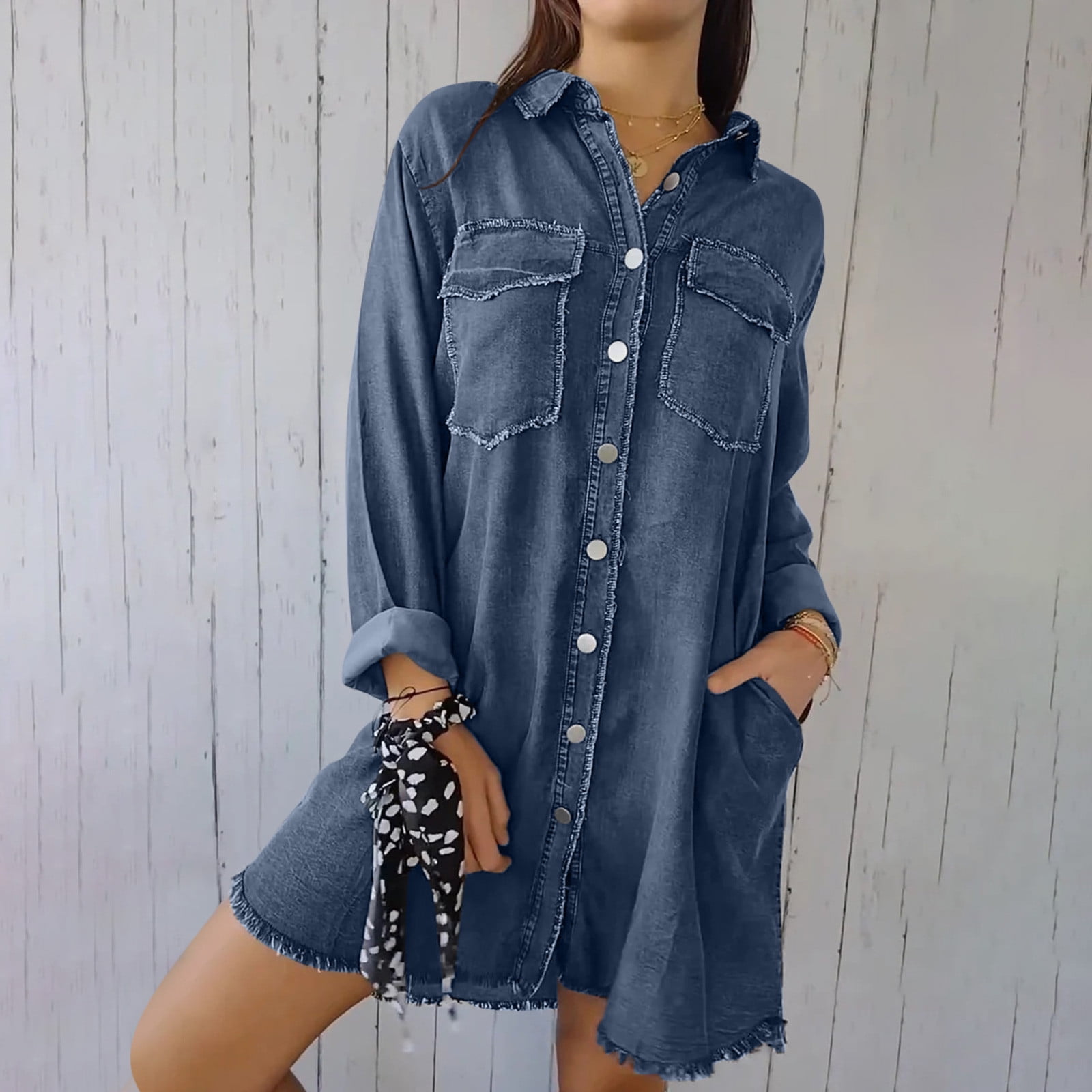 Lenpel Women's Plus Size Denim Jackets Long Sleeve Button down Frayed Hem Jean Shacket Trendy Boyfriend Outwear
