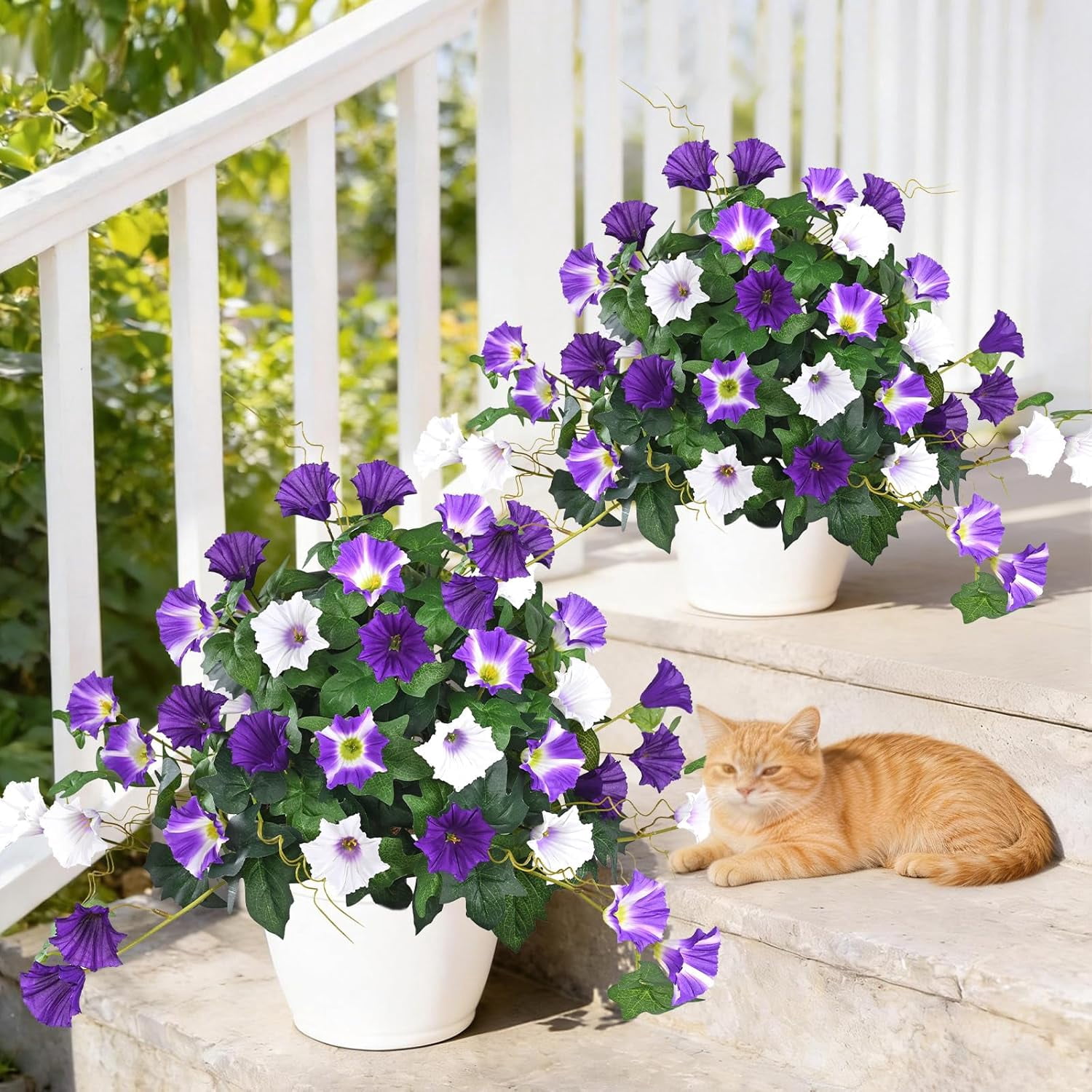 Lyacmy 2 Pack 19.7in Artificial Flowers Topiary Ball Trees for Outdoors, UV Resistant Lifelike Morning Glory Fake Bushes Plants with Ground Spike for Porch Garden Decor