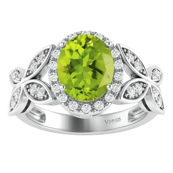 Sterling Silver with Natural Peridot and White Topaz Halo Ring