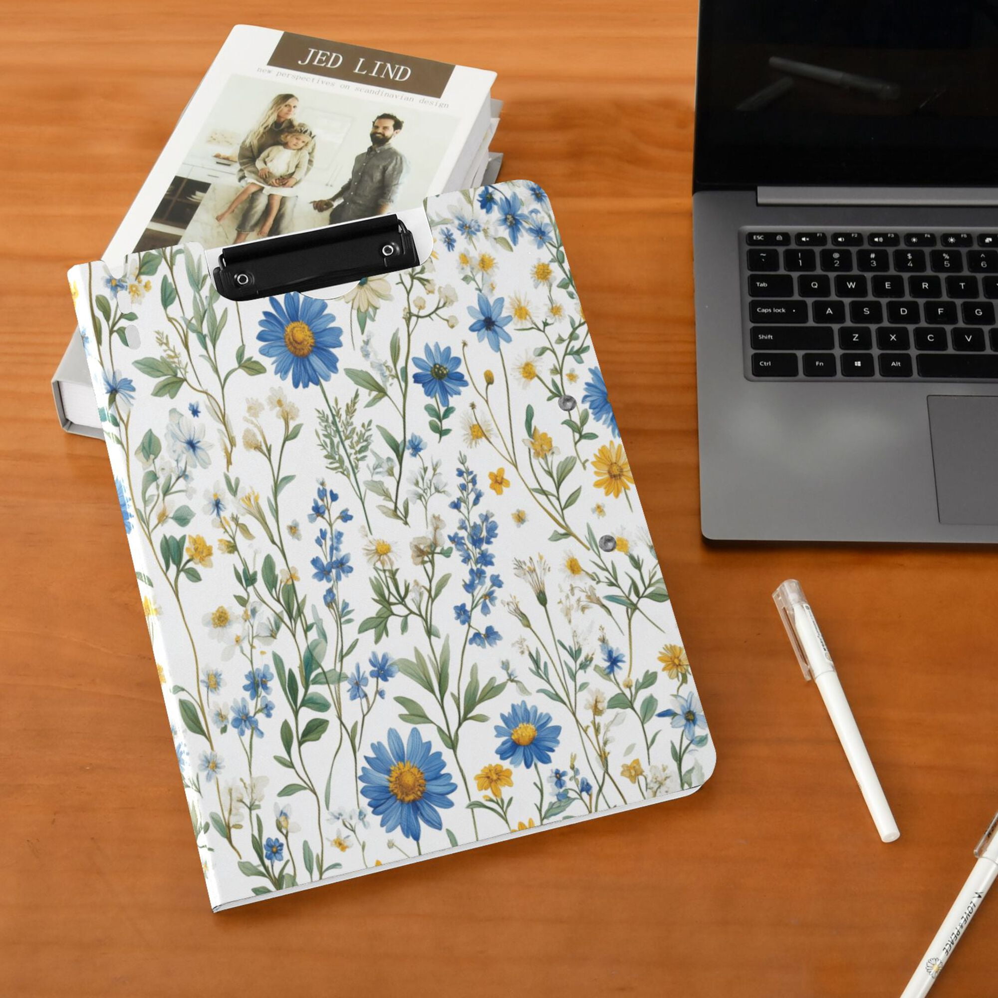 FORMRS A4 Clipboard Folder with Pen Holder Horizontal Foldable School Office Binder, Blue Floral