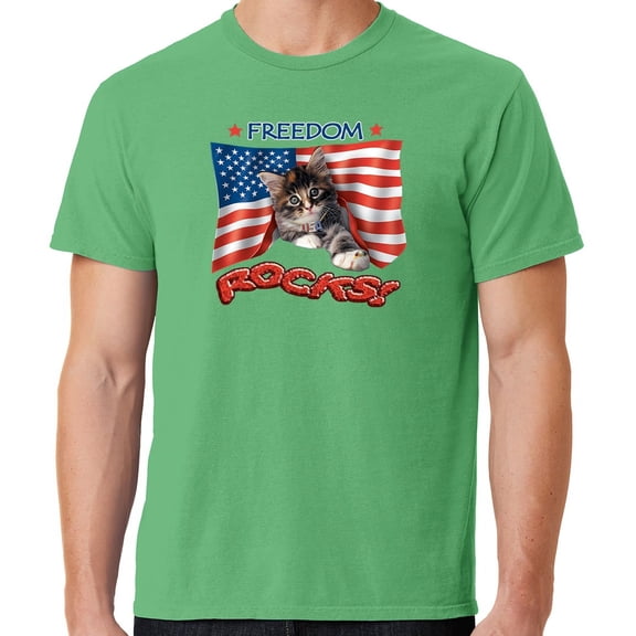 Mens Freedom Rocks Patriotic Kitten Cotton Tee Shirt, XL Guacamole Green