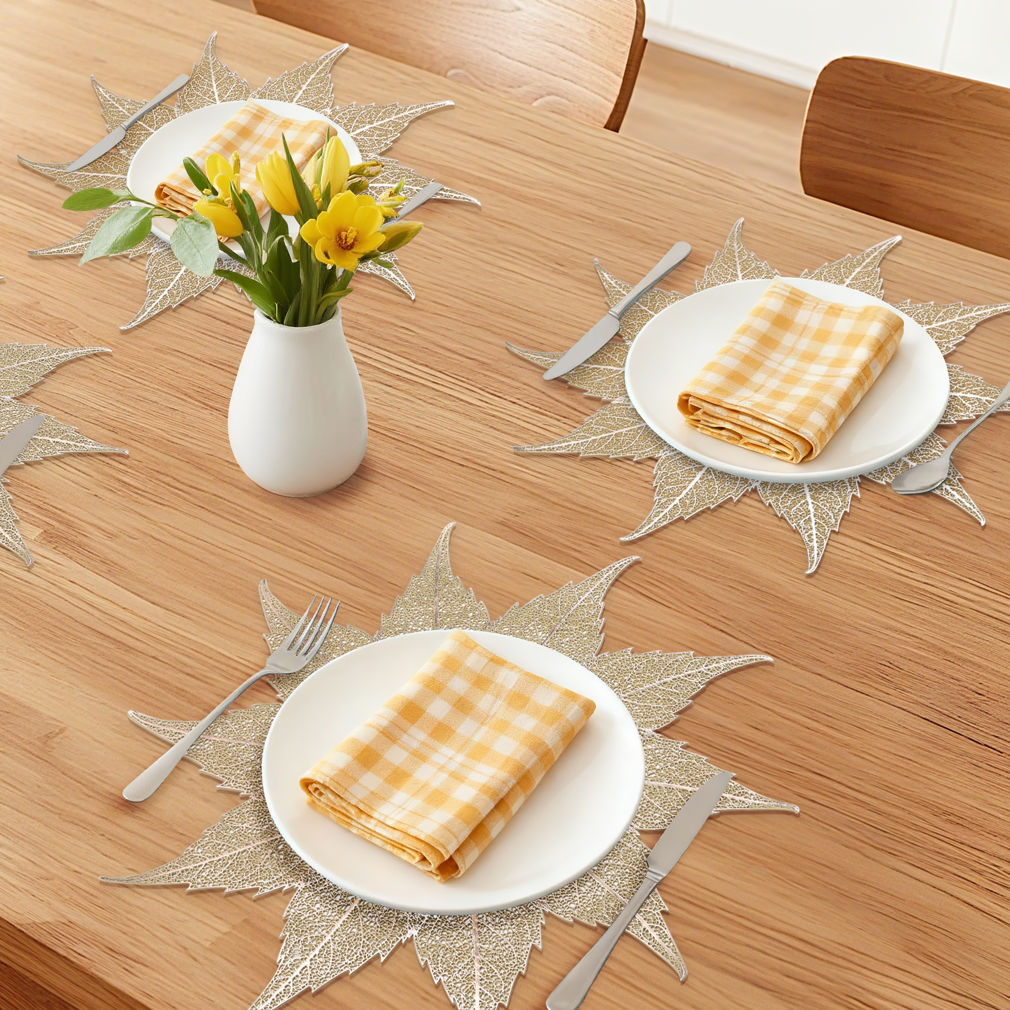 Unique Bargains Set of 6 Washable Farmhouse Leaf Shape Placemats Indoor Gold
