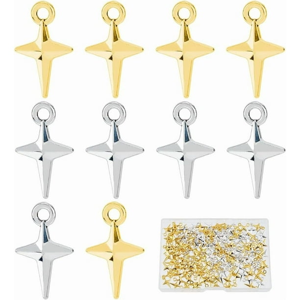 240 piezas de dijes de estrella tibetana en 2 colores, dije de estrella del norte, aretes y colgantes de aleación, dije de estrella de cuatro puntas en 3D.