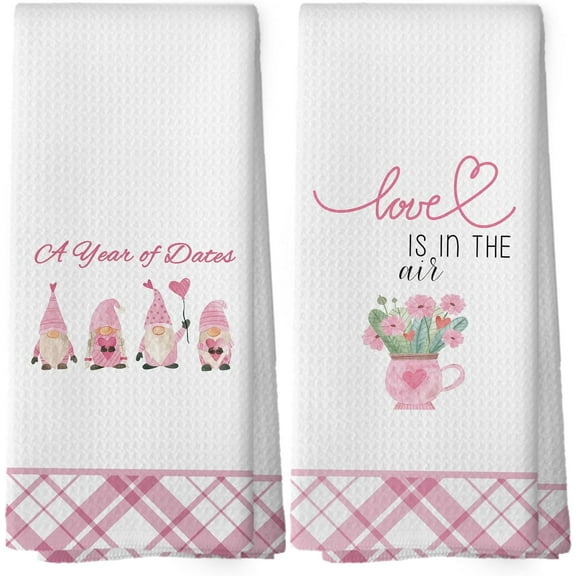 Gnomes Pink Love Heart Rose Kitchen Towels - Anniversary Dish Towels Gifts for Couple, Valentines Holiday Decorative Absorbent Dishcloths Hand Towels Set of 2 for Kitchen Decor 18x26 Inches