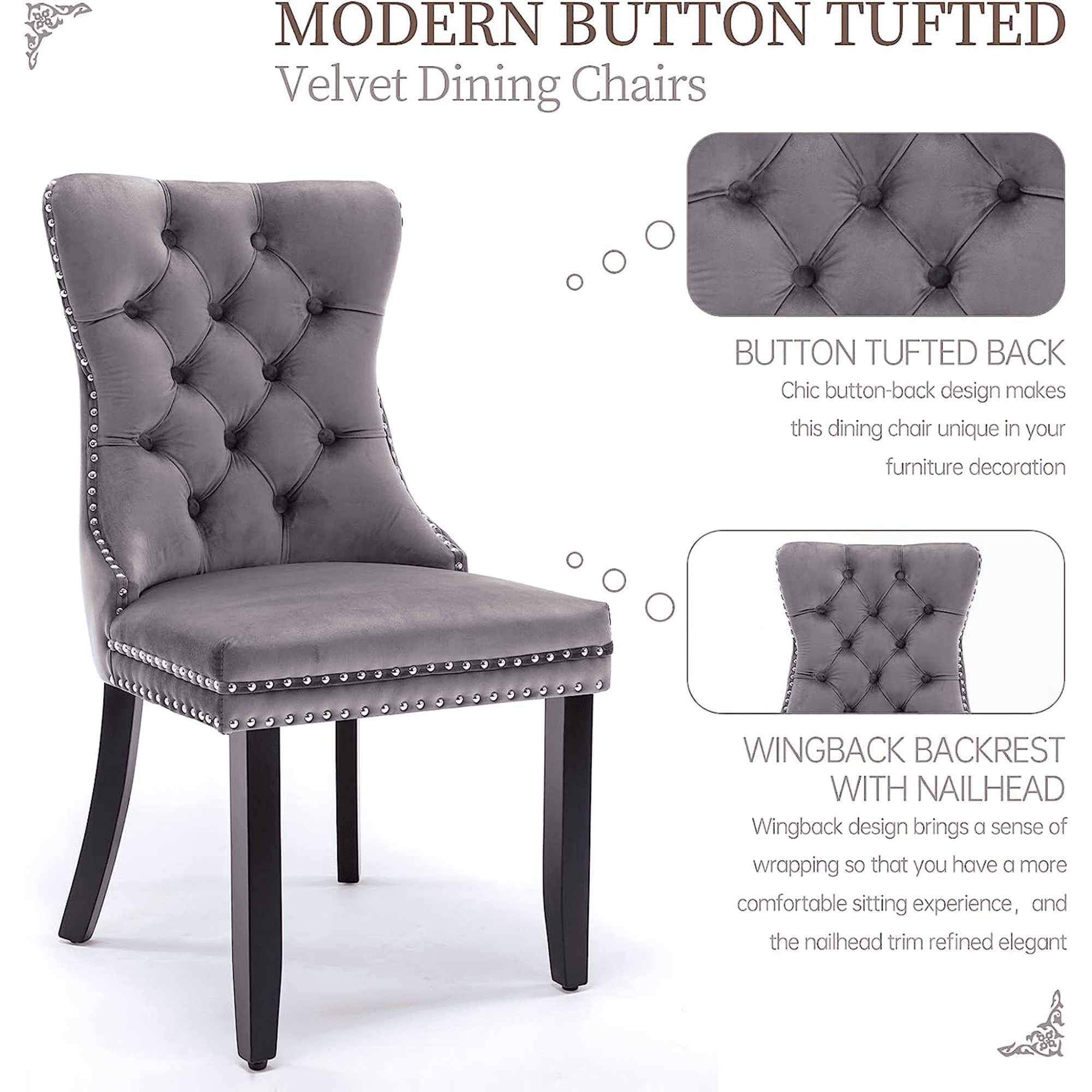PORKISS Dining Chairs Set of 4, Upholstered High-End Tufted Dining Room Chair with Back Ring and Nailhead Trim, Modern Velvet Chairs with Solid Wood Legs for Kitchen,Gray