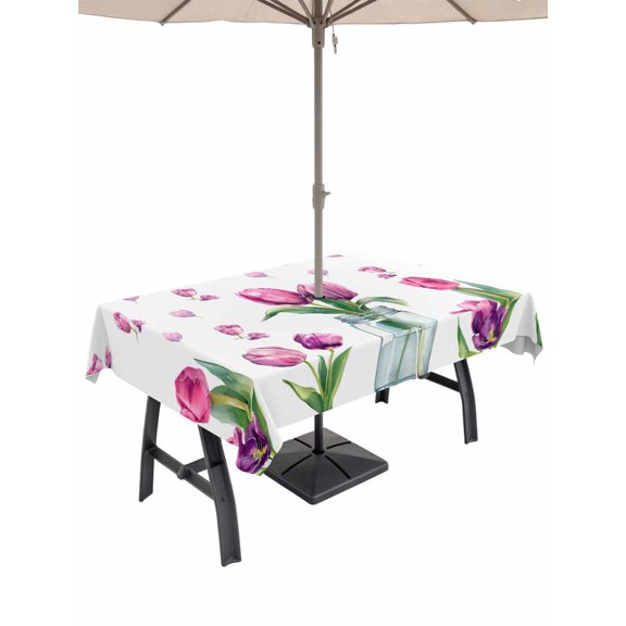 52x70 Inch Outdoor Tablecloth with Umbrella Hole Zipper Rectangle Pink Tulips Rectangular Tablecloths Waterproof Spring Floral Farmhouse Glass Vase Green Leaf Patio Table Cloth Cover for Picnic Party
