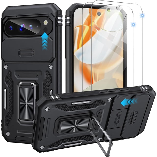 HZXC-KeDZ Phone Case for Google Pixel 9/9 Pro with Sliding Camera Cover + Screen Explosion-Proof Film (2 Pieces) - Military-Grade Drop-Proof Protective Case with Rotating Bracket, Black