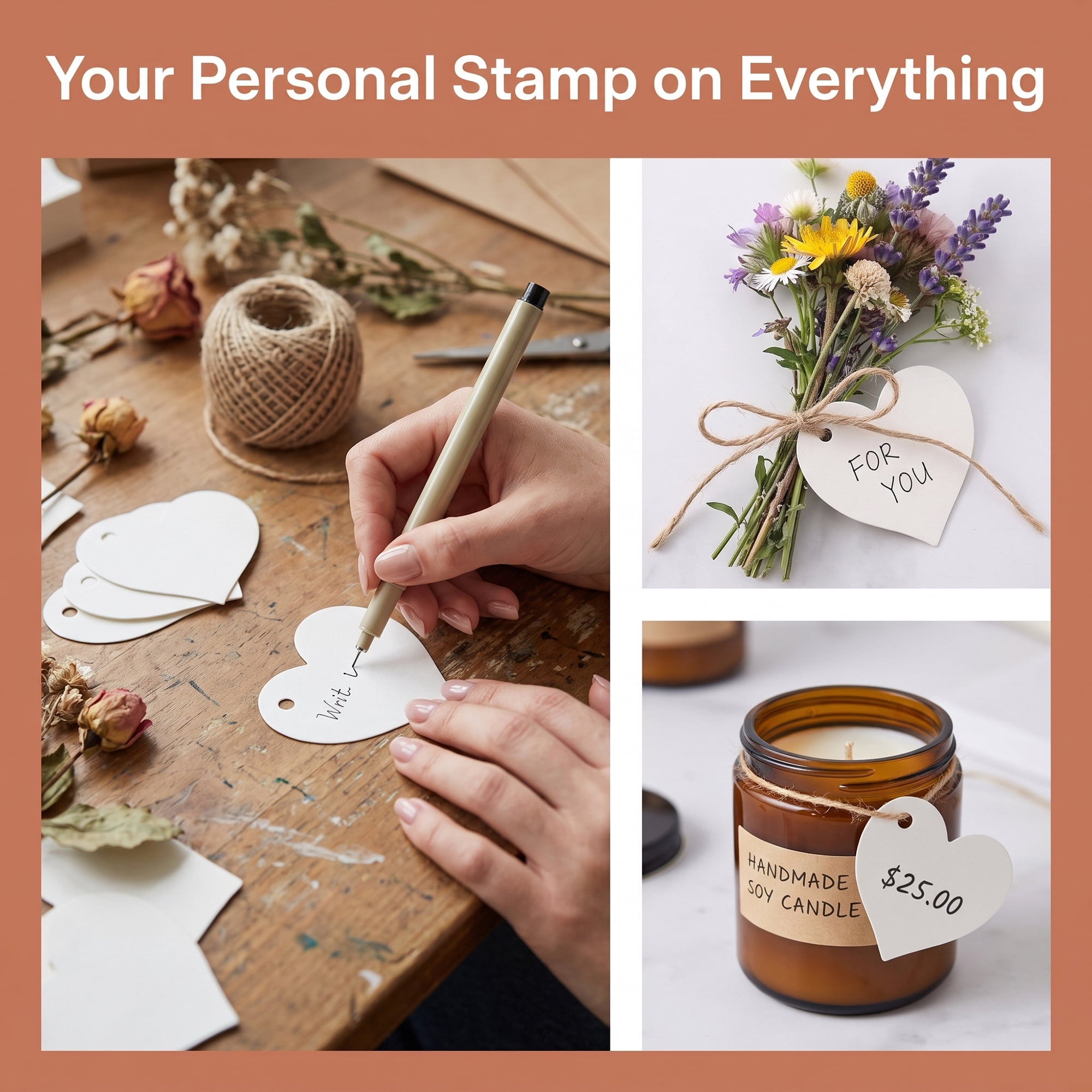 Unique Bargains Heart Shaped Gift Tags with Natural Twine for Weddings 1.8" x 1.6" White