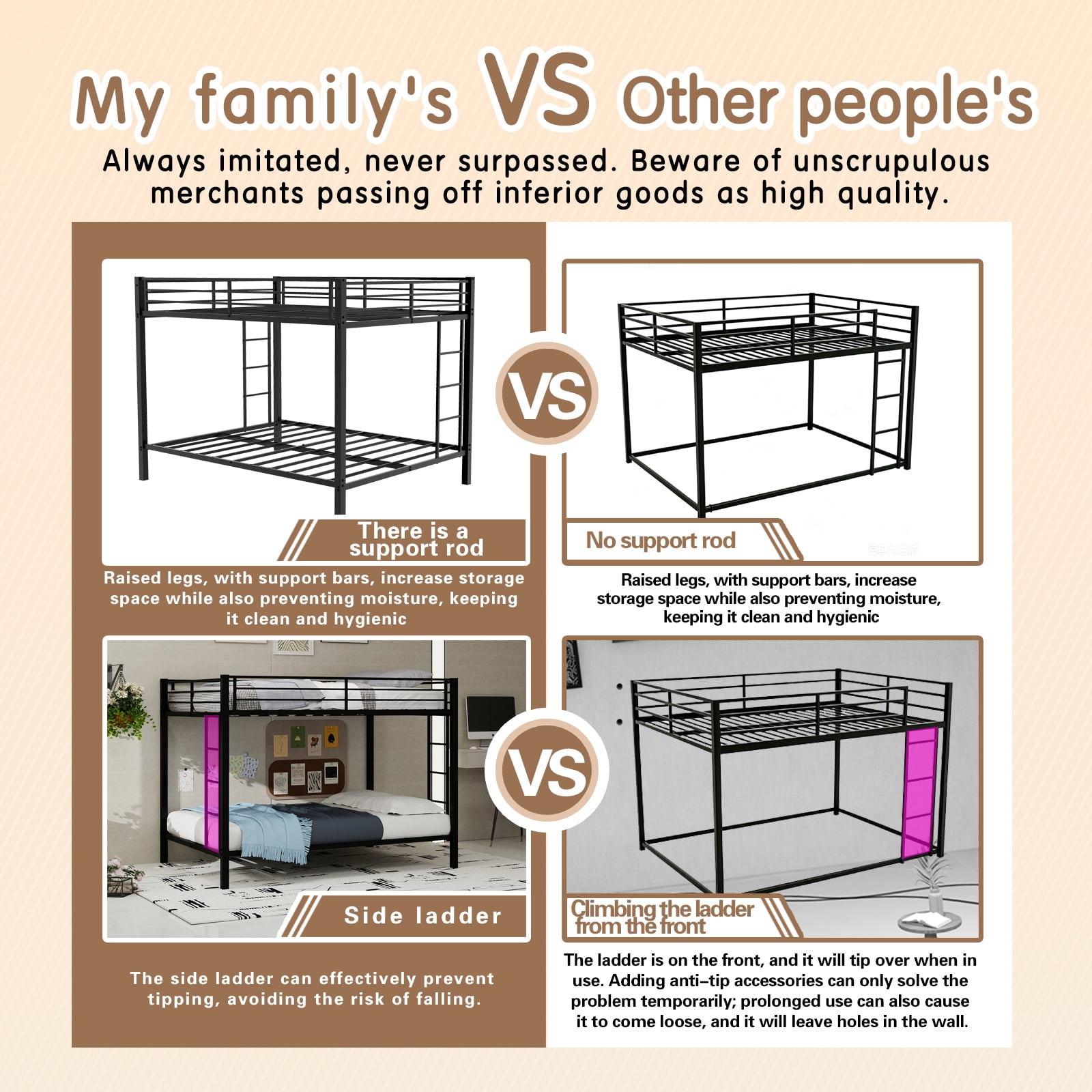 Leumius Full over Full Metal Bunk Bed Frame with Safety Rails & Ladders, Heavy-Duty Quiet Design for Teens and Adults,Black