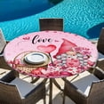 thumbnail image 6 of Valentine's Day Round Tablecloth, Fitted Table Cover with Elastic for 36"-44" Round Tables, Pink Love Gnomes Roses Ombre Romantic Table Cloth Outdoor Indoor Dinning Party Waterproof Tablecloths, 6 of 7