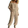 thumbnail image 5 of BESEW7 Off Shoulder Jumpsuits for Women, Summer Casual Loose Rompers with Pockets Roll Up Sleeve Elastic Waist for Daily Beach Vacation Khaki XL, 5 of 7