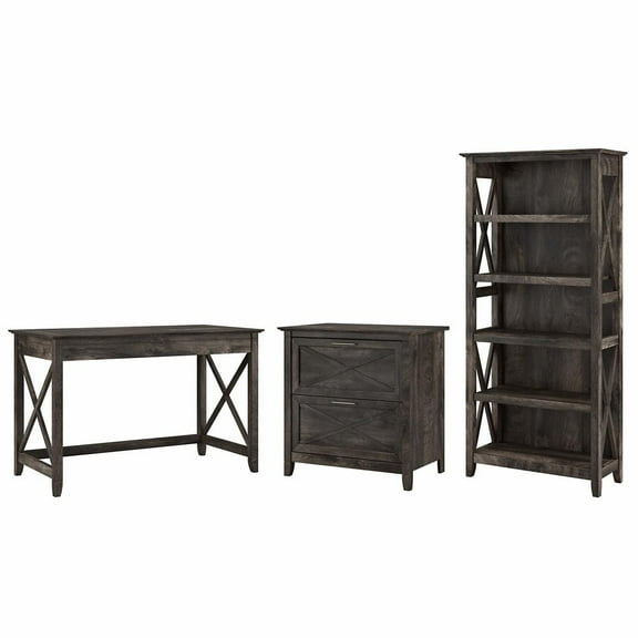 Bush Furniture Key West 48W Writing Desk with 2 Drawer Lateral File Cabinet and 5 Shelf Bookcase, Dark Gray Hickory