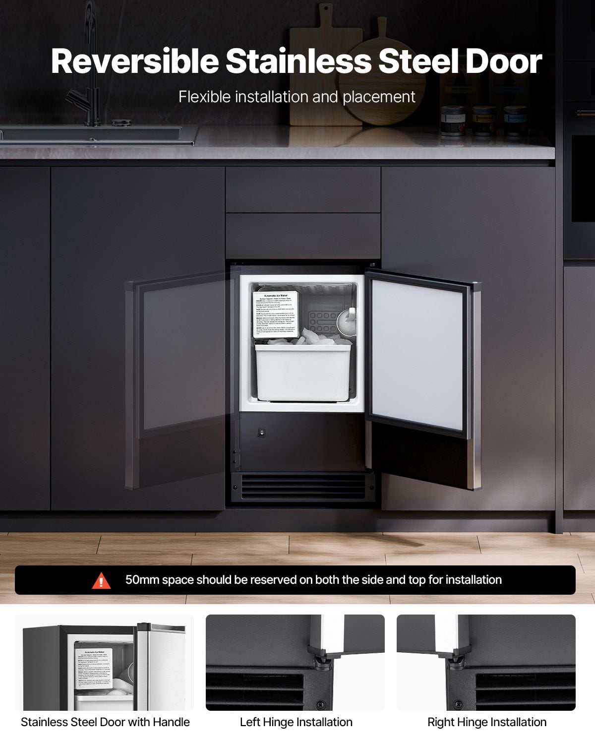 15 lb/Day Built-in Undercounter Ice Maker with Reversible Door